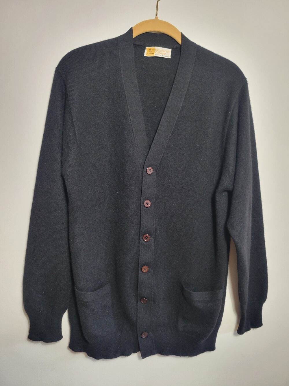 VTG Macpherson Knitware 100% 2ply Cashmere Cardigan Black Made In Scotland S/M